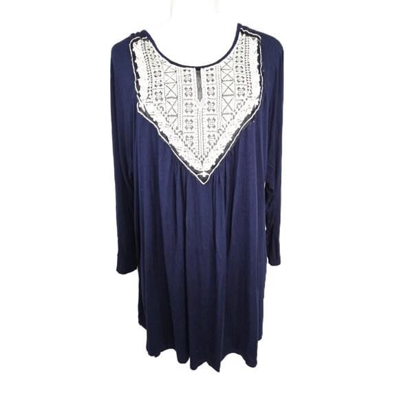 Vintage Moa Moa USA MAde Navy Blue Lace Crochet Bib Long Sleeve Tunic Top - Picture 1 of 6